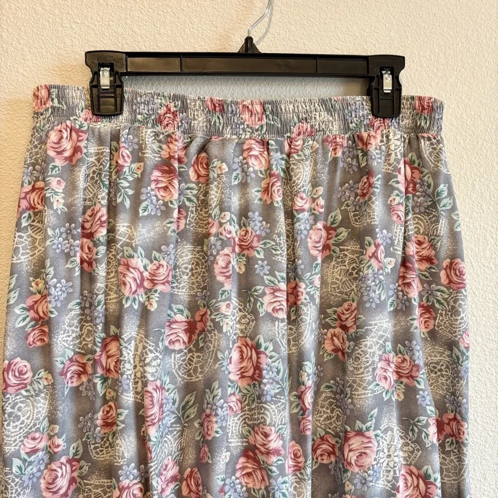 Vintage 90s Floral Midi Skirt Elastic Waist A-Line Cottagecore Girlhood Romance - Picture 6 of 8